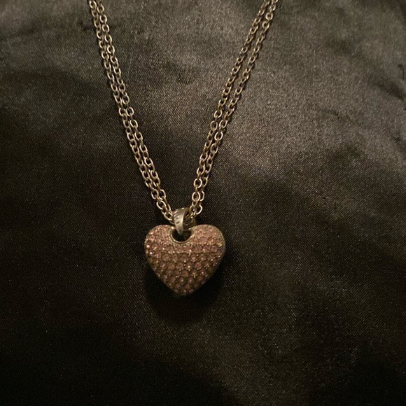 Reversible Silver-Tone Light-Pink Puff Heart Pendant Double Chain Necklace - Picture 1 of 12